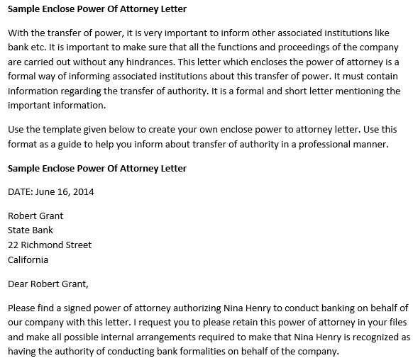 sample enclose power of attorney letter