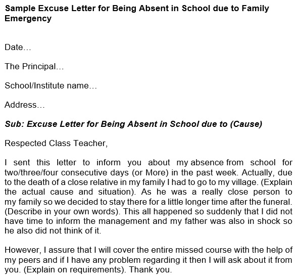 Excuse Letter For School Family Emergency