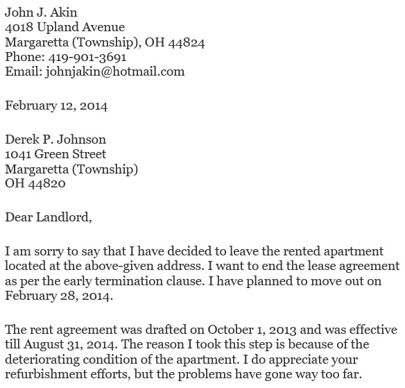 sample letter to landlord to terminate lease early