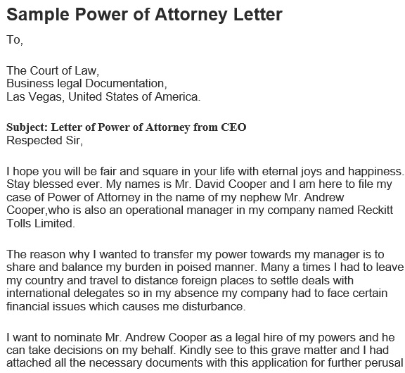 sample power of attorney letter