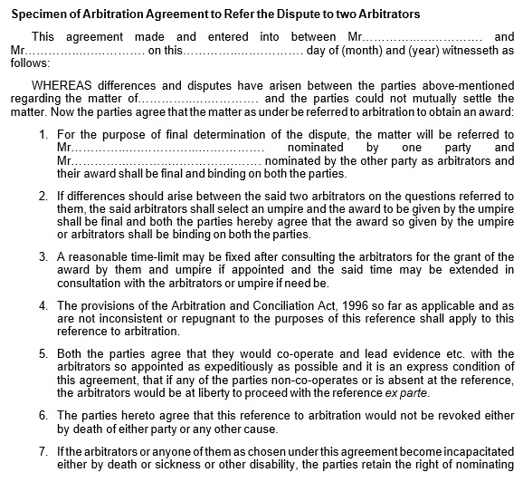 specimen of arbitration agreement to refer the dispute to two arbitrators