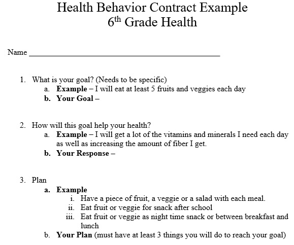 6th grade health behavior contract example