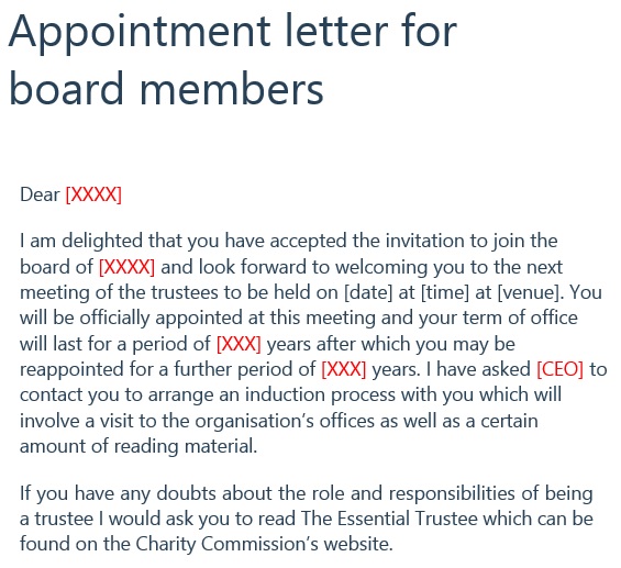 appointment letter for board members
