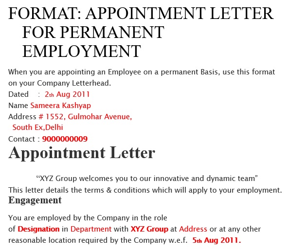 appointment letter for permanent employment
