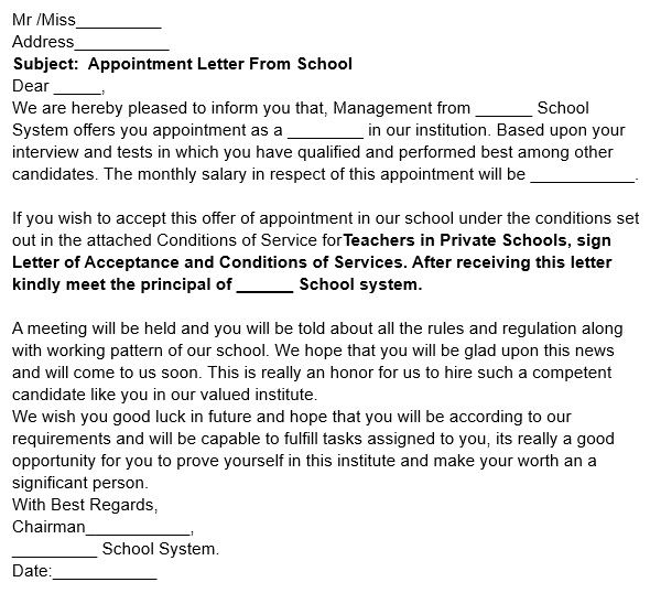 appointment letter from school