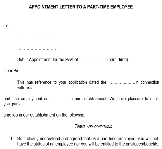 appointment letter to a part time employee