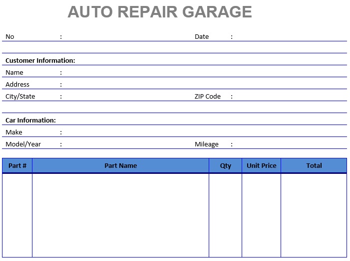auto repair garage invoice template