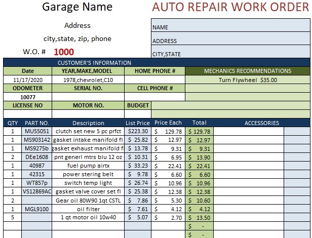 auto repair work order template excel