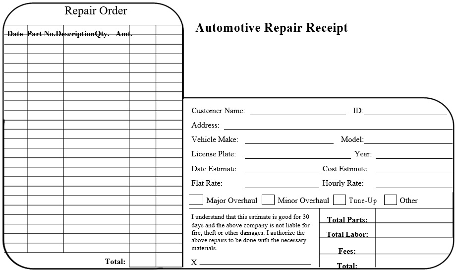 automotive repair receipt template