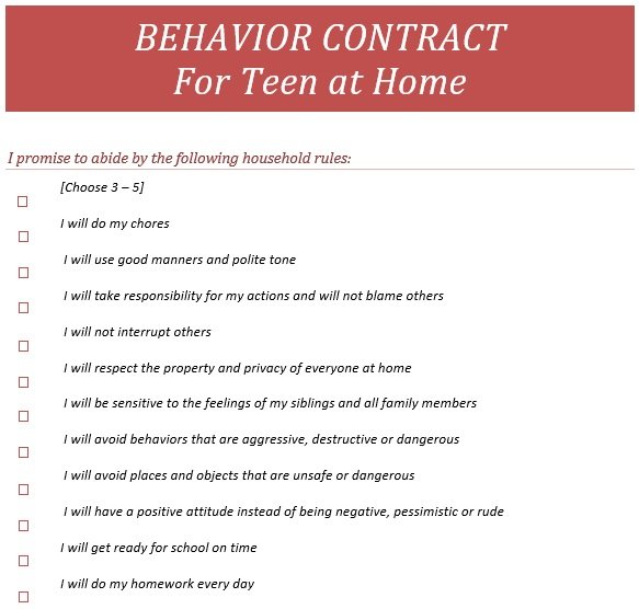 behavior contract for teenager at home