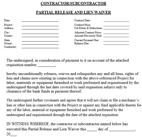 contractor and subcontractor partial release and lien waiver