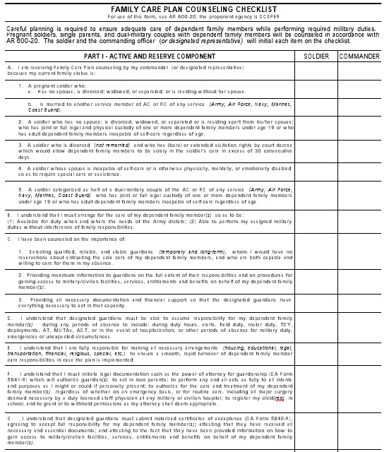 family care plan counseling checklist template