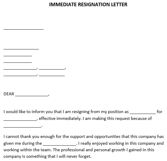 fillable immediate resignation letter template