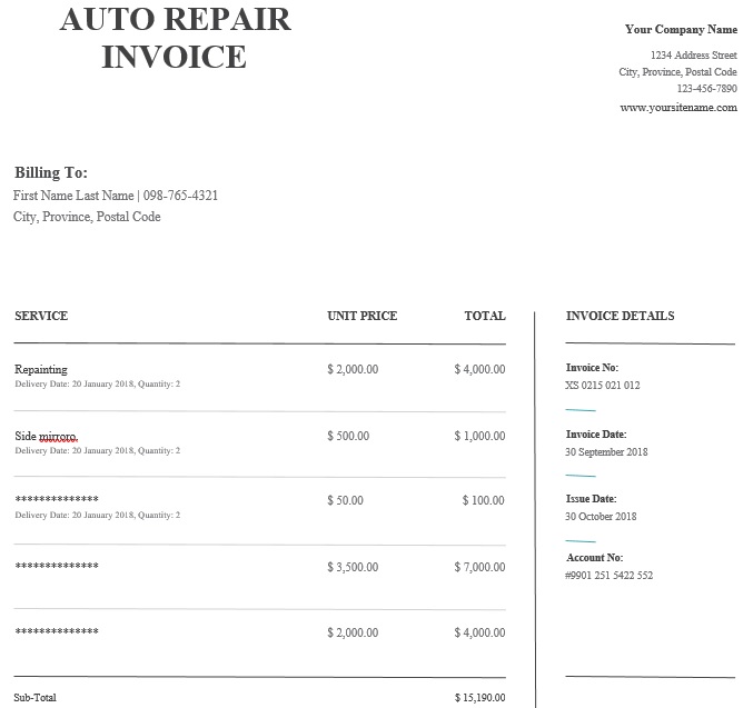 free auto repair invoice template 1