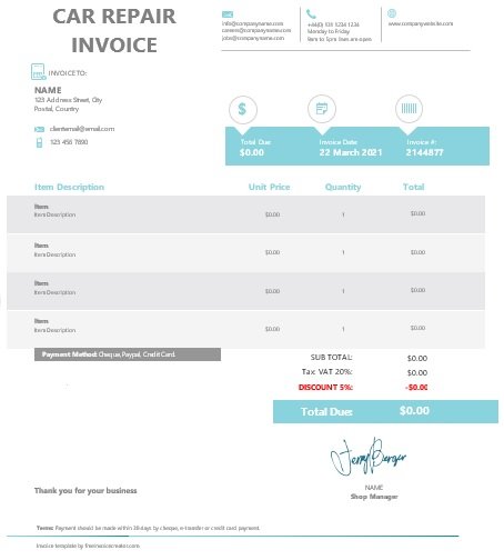 free auto repair invoice template 7