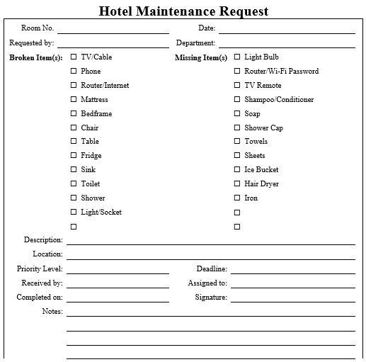 hotel maintenance request form