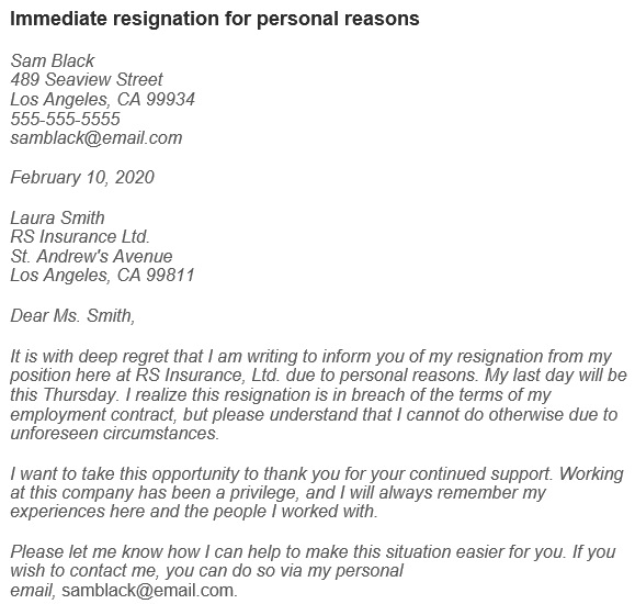 immediate resignation for personal reasons