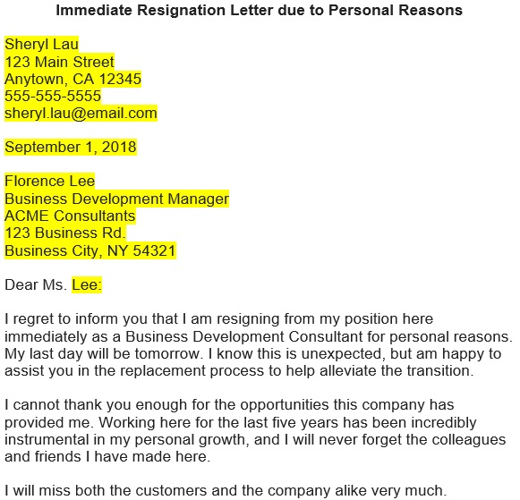 immediate resignation letter due to personal reasons