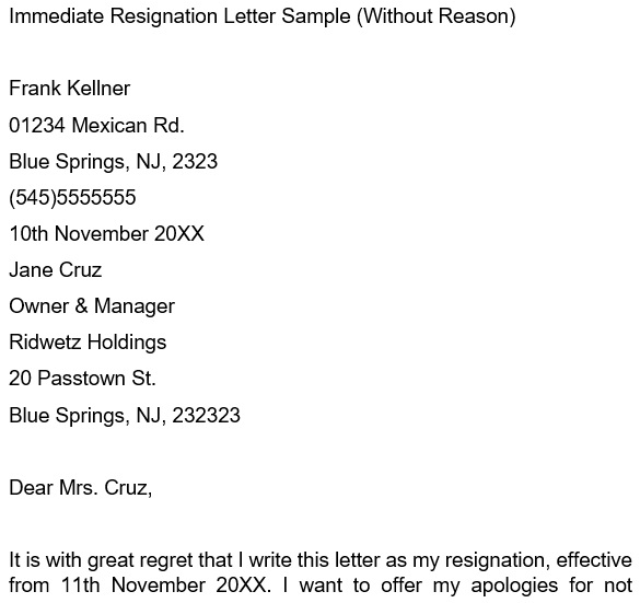 immediate resignation letter sample