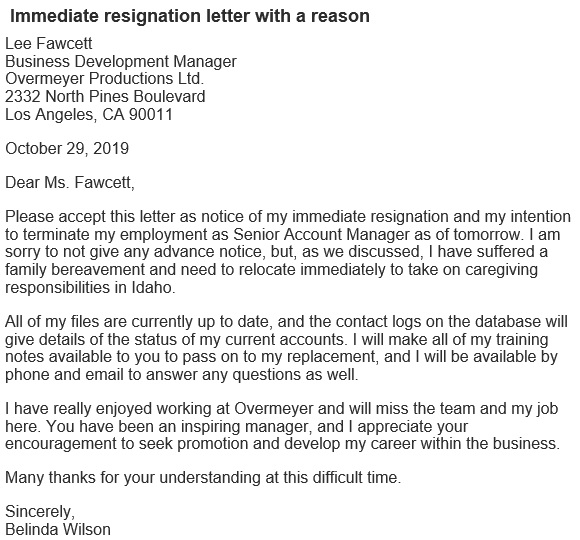 immediate resignation letter with reason