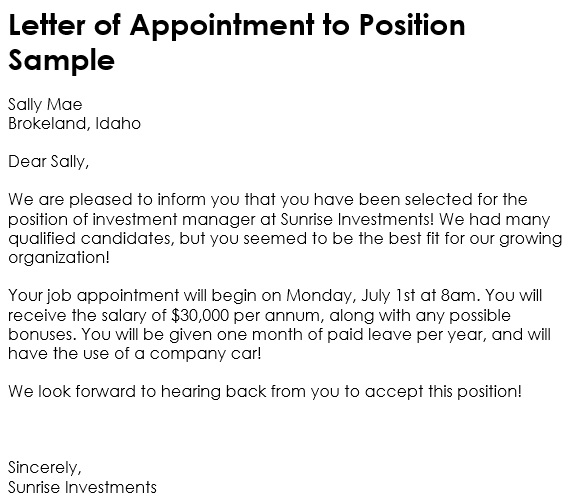 letter of appointment to position sample