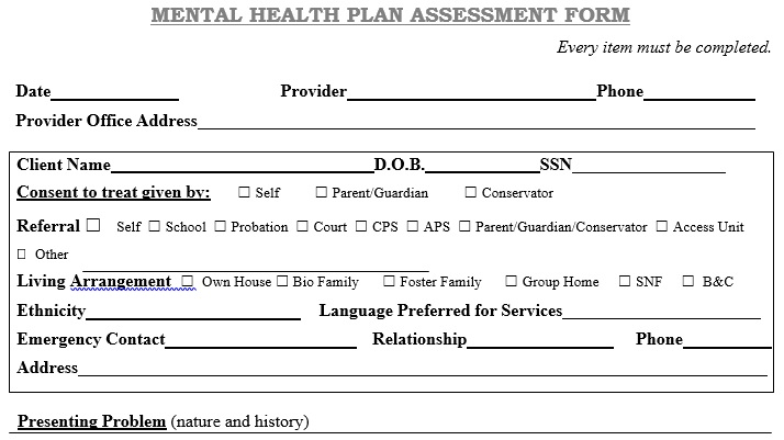mental health plan assessment form