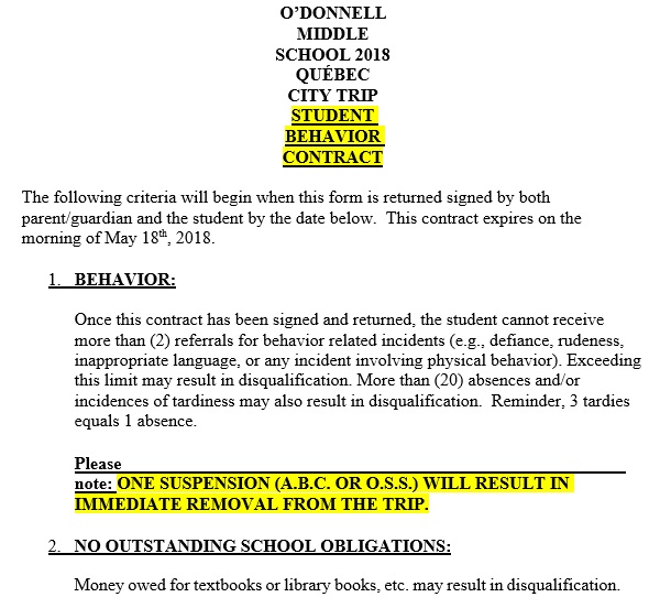 middle school student behavior contract template