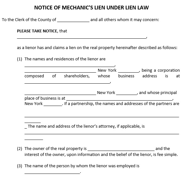 notice of mechanics lien under lien law