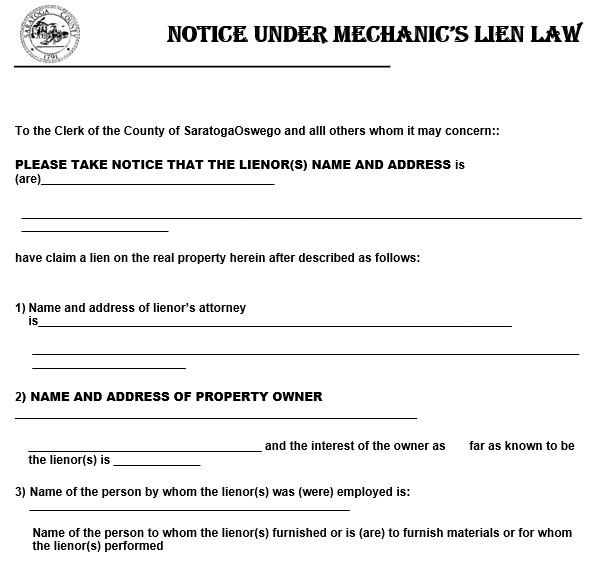 notice under mechanic lien law form
