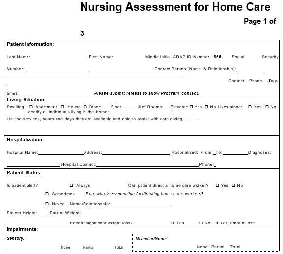 nursing assessment for home care form