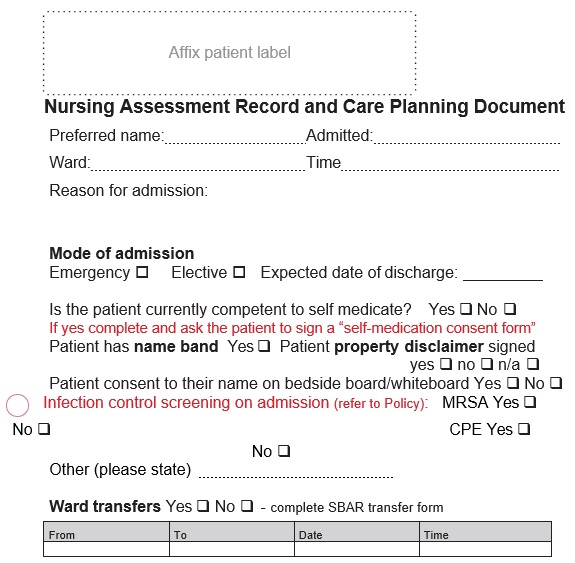 nursing assessment record and care planning document