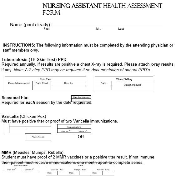 nursing assistant health assessment form
