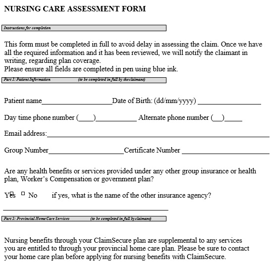 nursing care assessment form