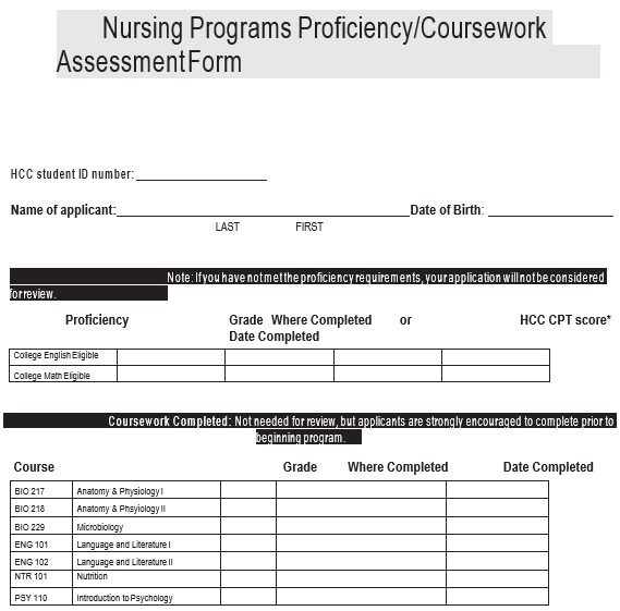 nursing programs proficiency and coursework assessment form