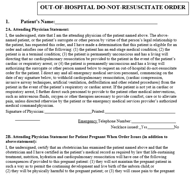 out of hospital do not resuscitate order