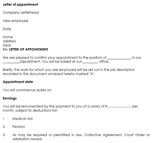 appointment letter job format