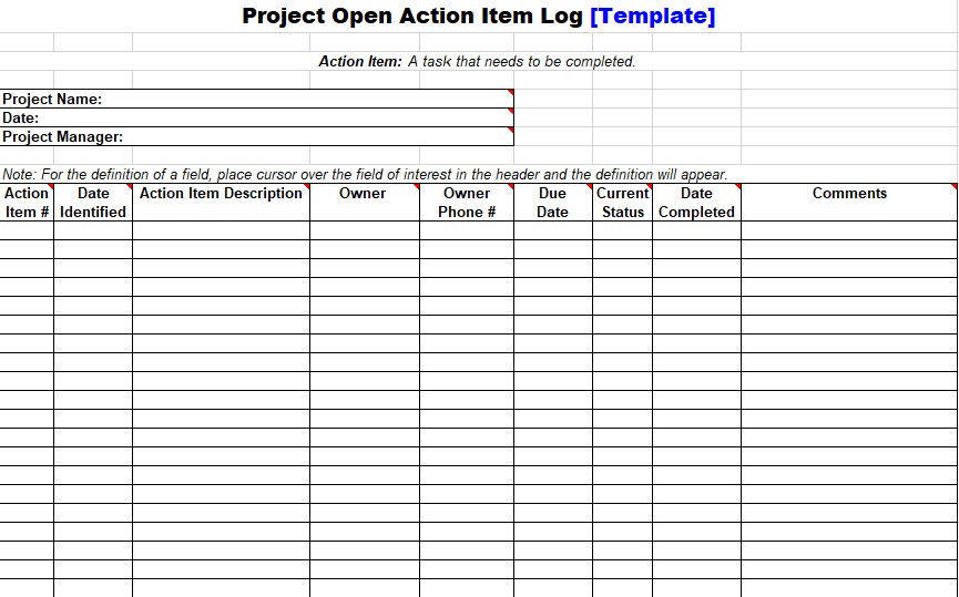 project open action item log template excel
