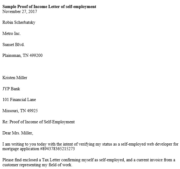 sample letter proof of income self employed