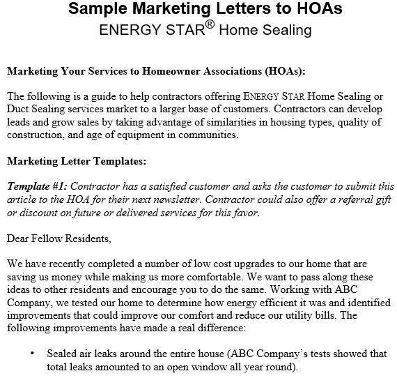 sample marketing letter to HOAS