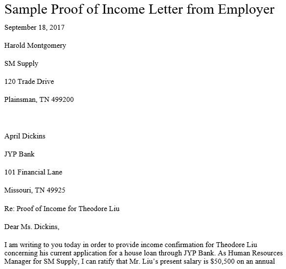 sample proof of income letter from employer