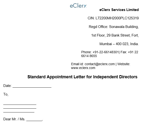 standard appointment letter for independent director