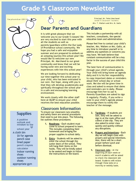 5th grade classroom newsletter template