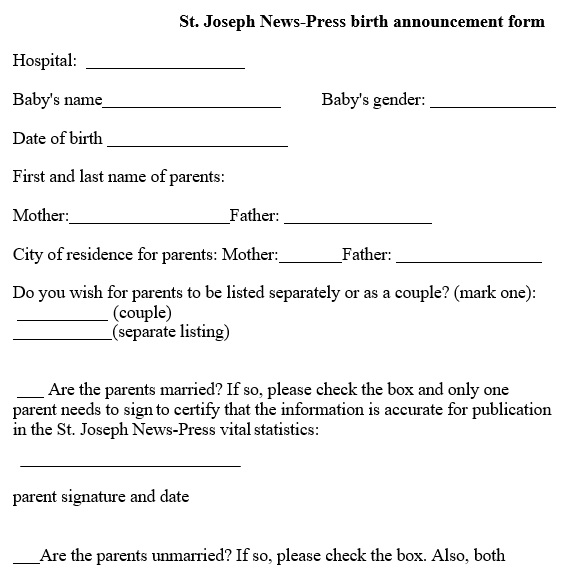 St Joseph News Press birth announcement form