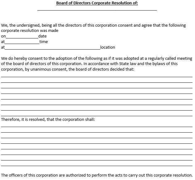 board of directors corporate resolution form