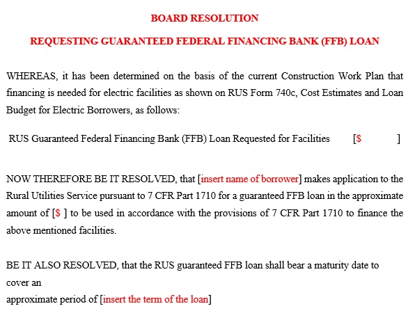 board resolution requesting guaranteed federal financing bank ffb loan