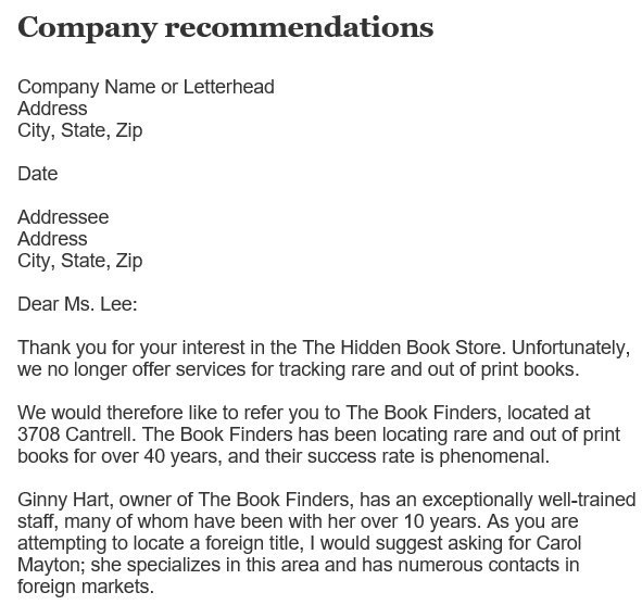 company recommendations sample letter
