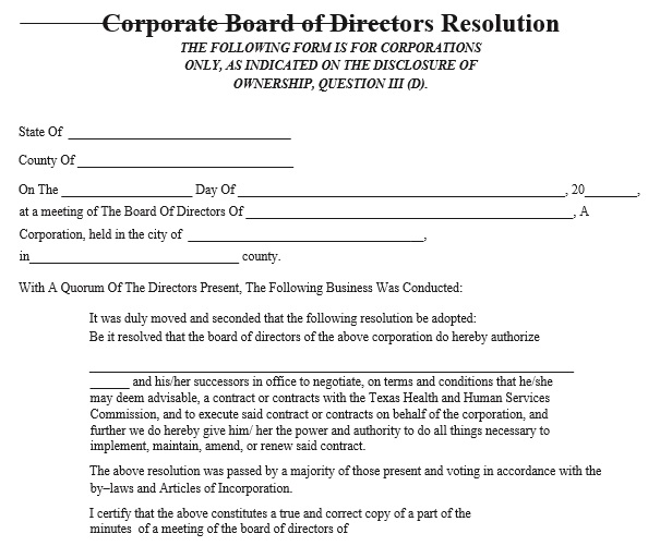 corporate board of directors resolution form
