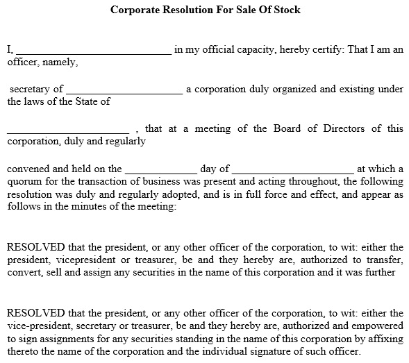 corporate resolution for sale of stock