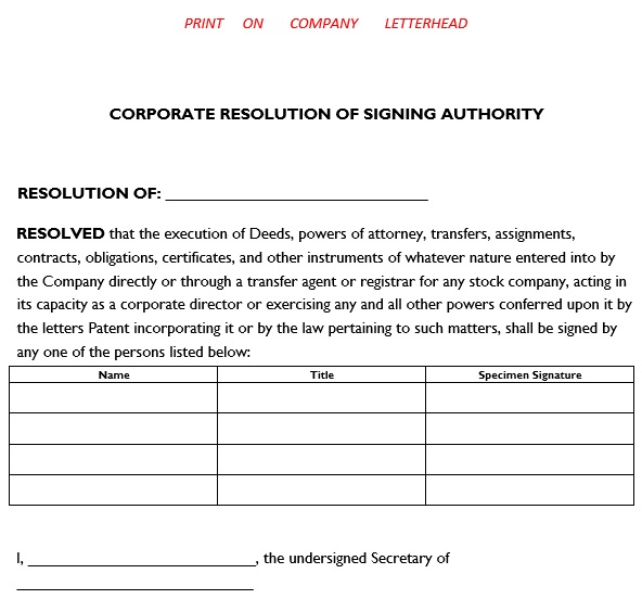 corporate resolution of signing authority form