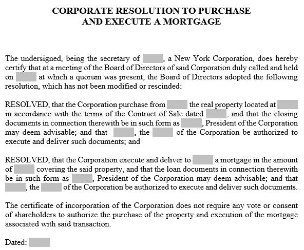 corporate resolution to purchase and execute a mortgage